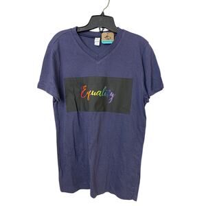 New Upcycled Hand Printed Womens Small Navy Rainbow Equality Pride VNeck Tee